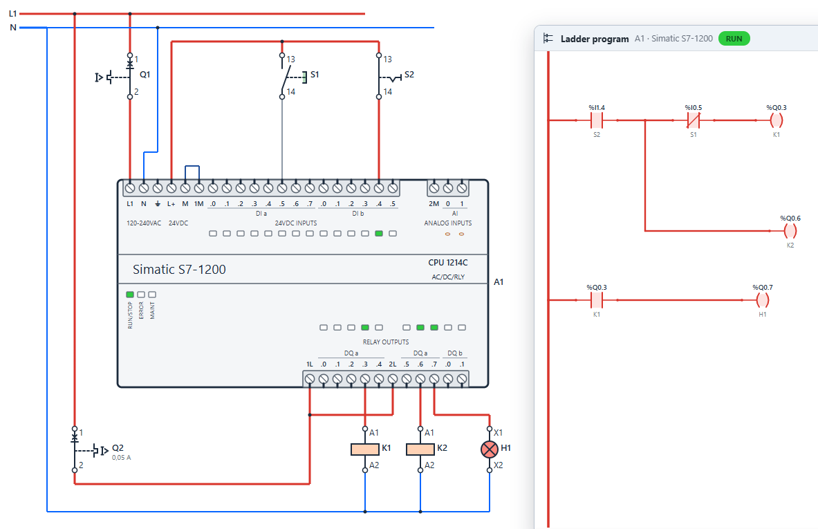 Siemens S7-1200 με μπουτόν, επαφείς και λυχνία σε ζωντανή προσομοίωση, δίπλα στο πρόγραμμα Ladder σε RUN