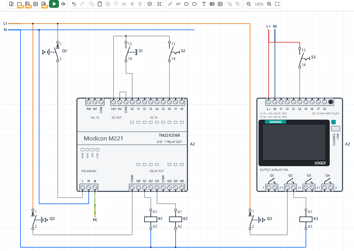 Ο editor του Virtuino Circuits με Schneider Modicon M221 και Siemens LOGO! συνδεδεμένα με επαφείς