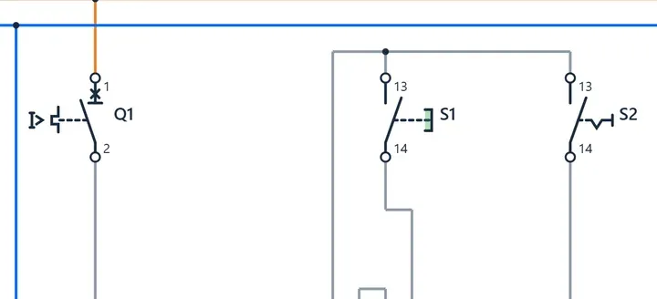 Διακόπτης Q1 και μπουτόν S1, S2 με σύμβολα IEC 60617