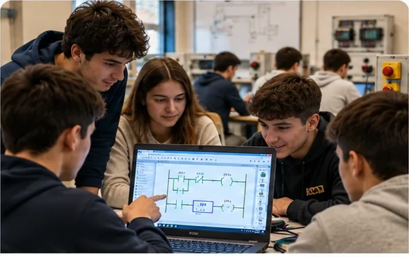 Laptop με πρόγραμμα Ladder σε RUN και τετράδιο με λυμένες ασκήσεις